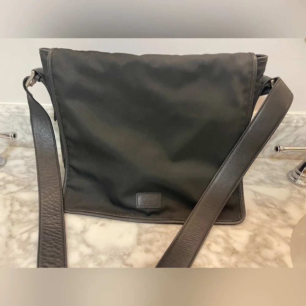 Vintage Coach Black Nylon & Leather Trim Messenger Bag